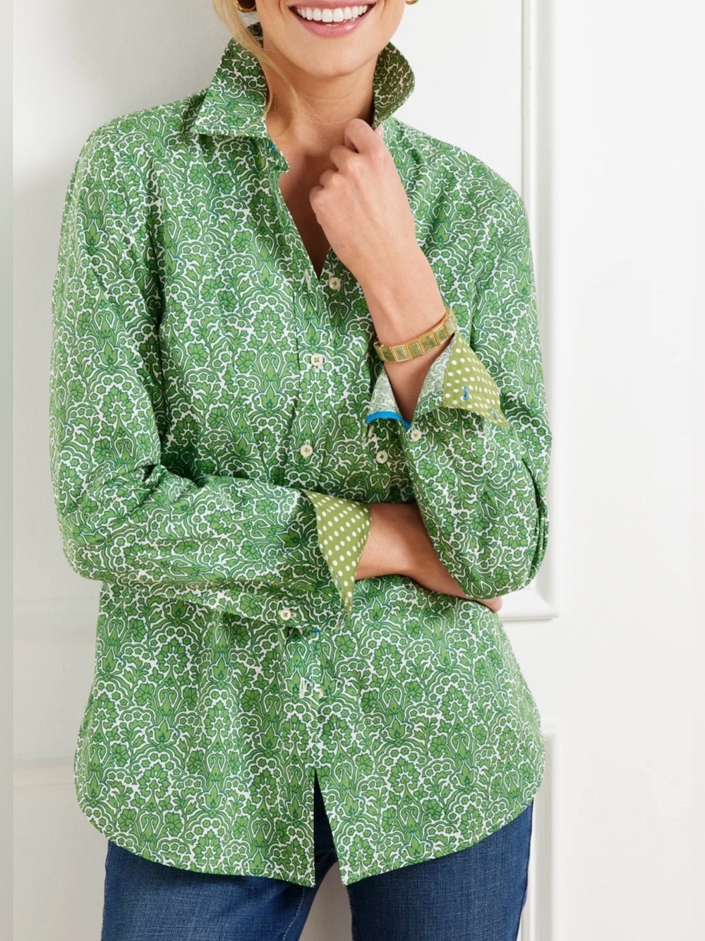 Talbots Women’s Green Printed Button-Up Shirt